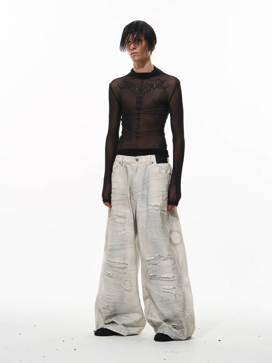 BLIND NO PLAN Washed Mud-Dyed Ripped White Baggy Jeans | Face 3 Face