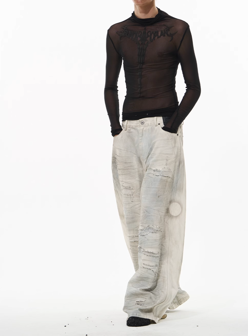 BLIND NO PLAN Washed Mud-Dyed Ripped White Baggy Jeans | Face 3 Face