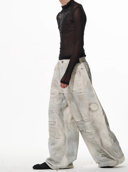 BLIND NO PLAN Washed Mud-Dyed Ripped White Baggy Jeans | Face 3 Face