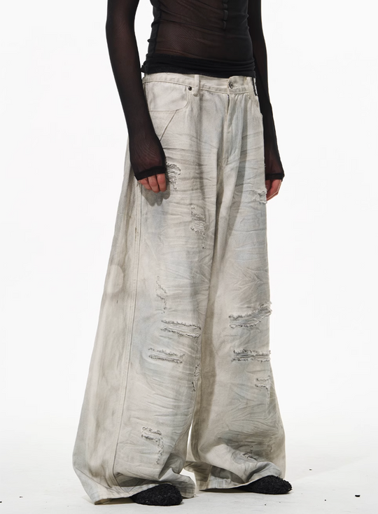 BLIND NO PLAN Washed Mud-Dyed Ripped White Baggy Jeans | Face 3 Face