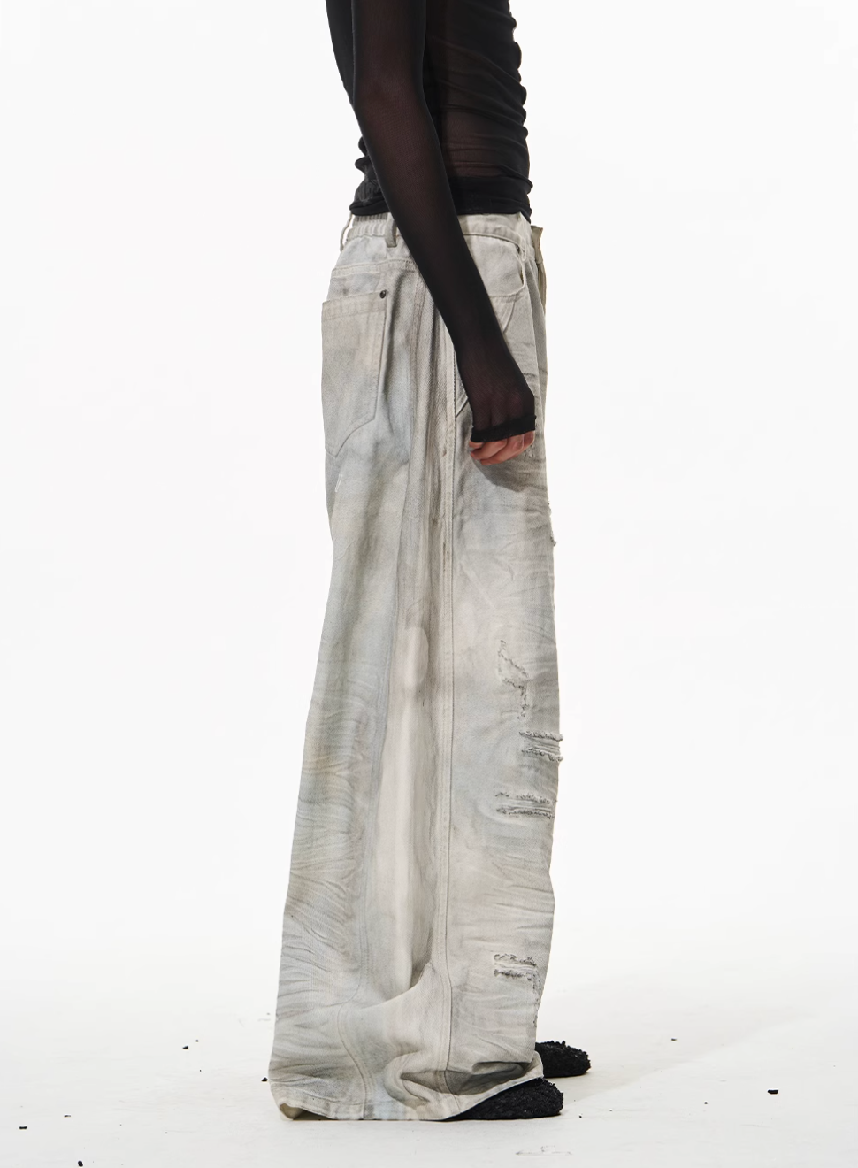 BLIND NO PLAN Washed Mud-Dyed Ripped White Baggy Jeans | Face 3 Face