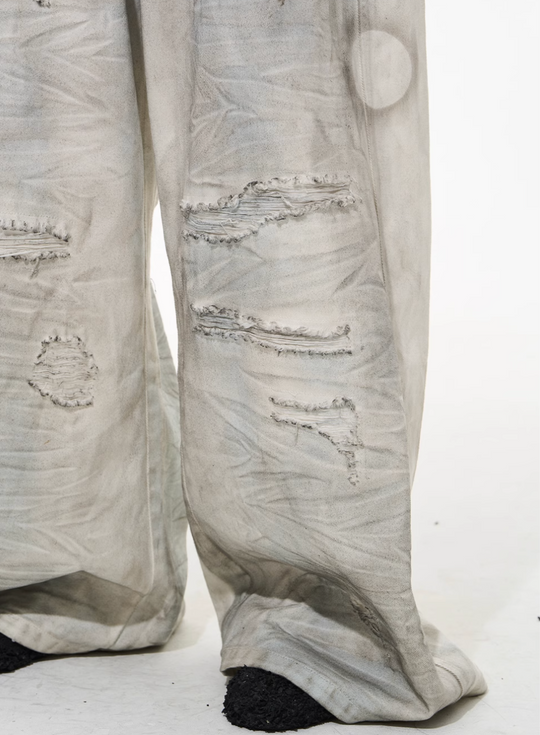 BLIND NO PLAN Washed Mud-Dyed Ripped White Baggy Jeans | Face 3 Face