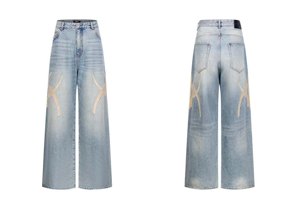 BLIND NO PLAN Graphic Logo Leather-Embroidered Washed Baggy Jeans | Face 3 Face