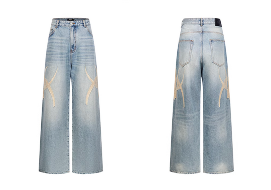 BLIND NO PLAN Graphic Logo Leather-Embroidered Washed Baggy Jeans | Face 3 Face