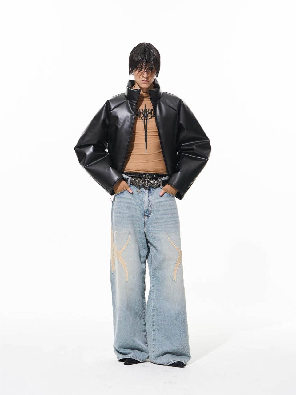 BLIND NO PLAN Graphic Logo Leather-Embroidered Washed Baggy Jeans | Face 3 Face