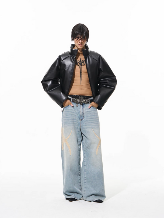 BLIND NO PLAN Graphic Logo Leather-Embroidered Washed Baggy Jeans | Face 3 Face