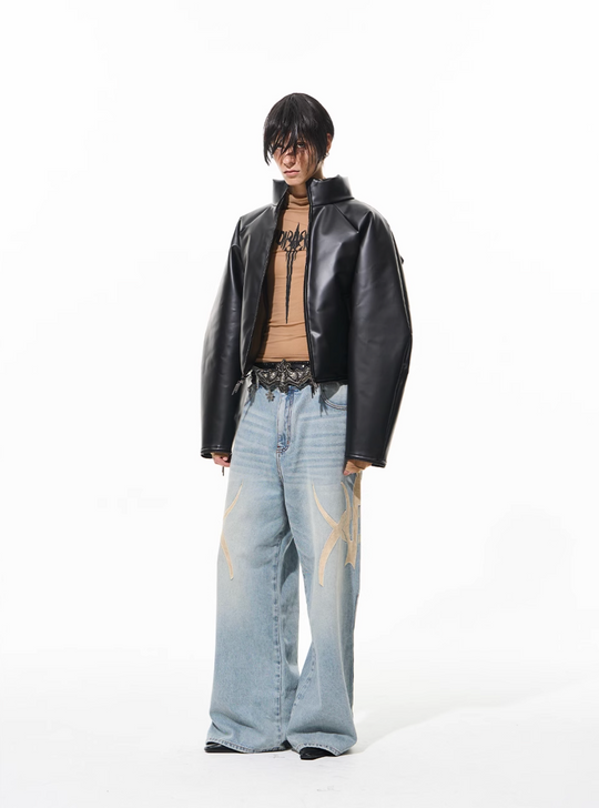 BLIND NO PLAN Graphic Logo Leather-Embroidered Washed Baggy Jeans | Face 3 Face