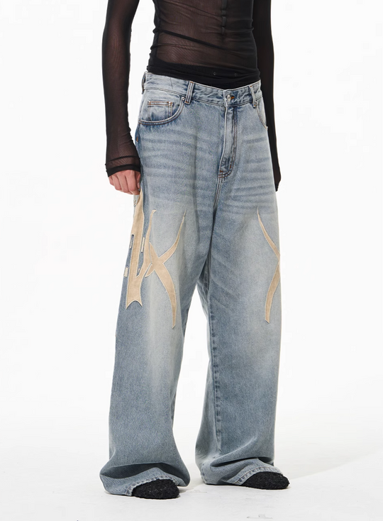 BLIND NO PLAN Graphic Logo Leather-Embroidered Washed Baggy Jeans | Face 3 Face