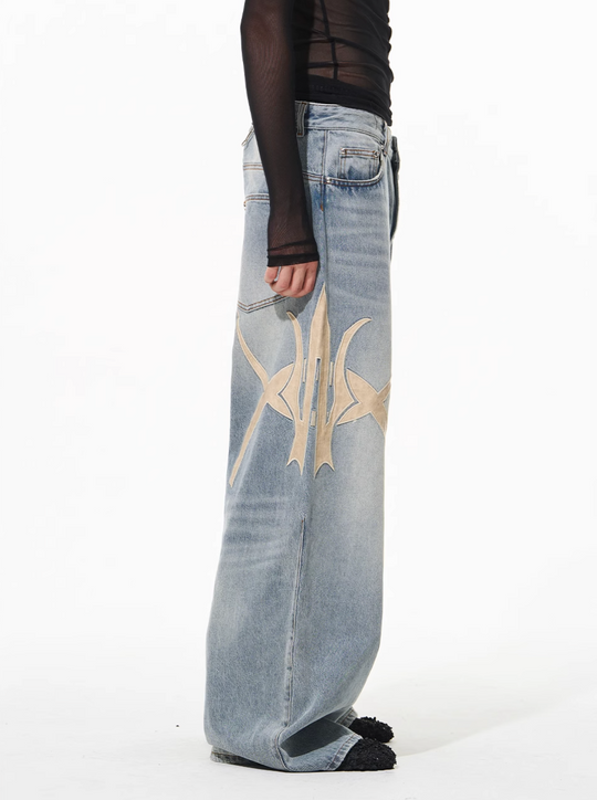 BLIND NO PLAN Graphic Logo Leather-Embroidered Washed Baggy Jeans | Face 3 Face