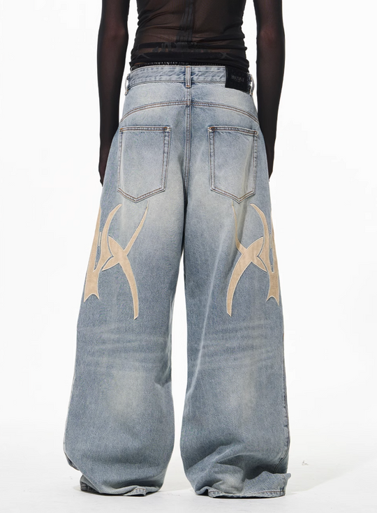 BLIND NO PLAN Graphic Logo Leather-Embroidered Washed Baggy Jeans | Face 3 Face