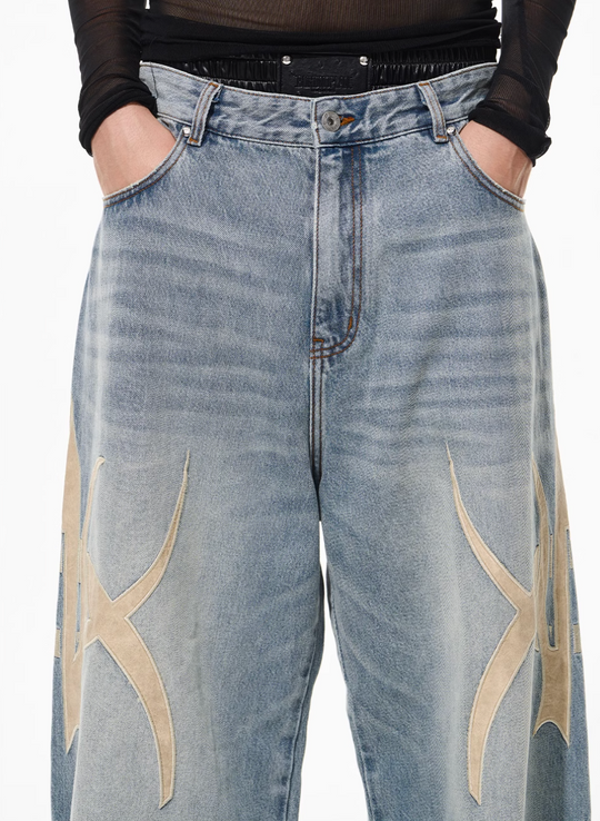 BLIND NO PLAN Graphic Logo Leather-Embroidered Washed Baggy Jeans | Face 3 Face