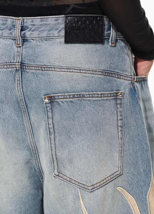 BLIND NO PLAN Graphic Logo Leather-Embroidered Washed Baggy Jeans | Face 3 Face