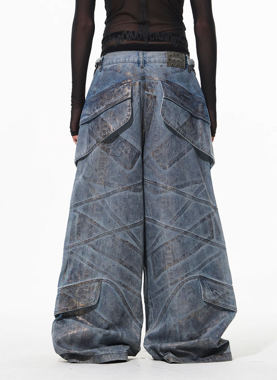 BLIND NO PLAN Snake-Print Patchwork Baggy Jeans | Face 3 Face