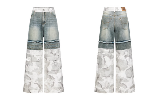 BLIND NO PLAN Camouflage Denim Patchwork Baggy Jeans | Face 3 Face