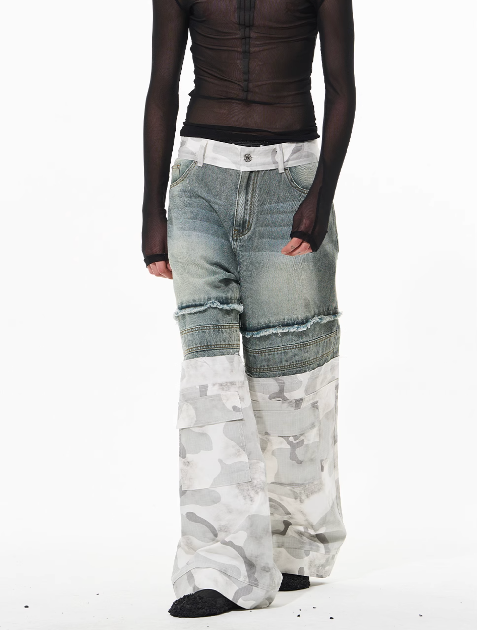 BLIND NO PLAN Camouflage Denim Patchwork Baggy Jeans | Face 3 Face