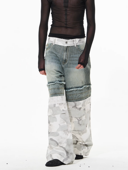 BLIND NO PLAN Camouflage Denim Patchwork Baggy Jeans | Face 3 Face