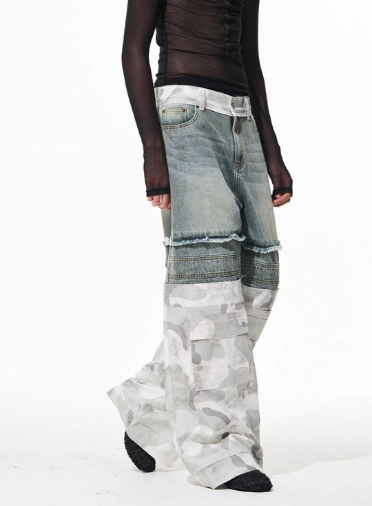 BLIND NO PLAN Camouflage Denim Patchwork Baggy Jeans | Face 3 Face