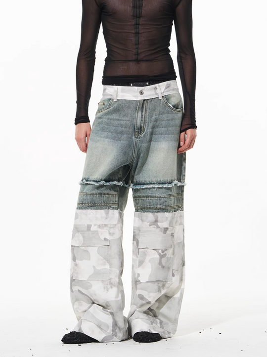 BLIND NO PLAN Camouflage Denim Patchwork Baggy Jeans | Face 3 Face