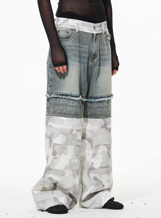 BLIND NO PLAN Camouflage Denim Patchwork Baggy Jeans | Face 3 Face