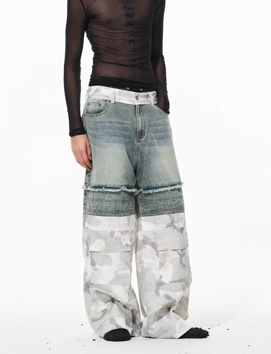 BLIND NO PLAN Camouflage Denim Patchwork Baggy Jeans | Face 3 Face