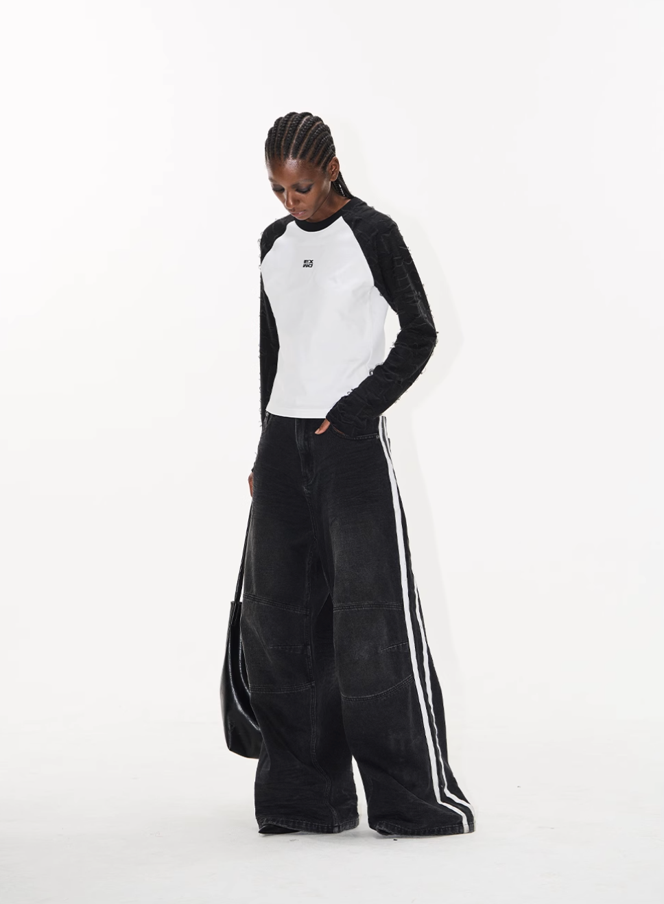 BLIND NO PLAN Washed Distressed Color-Blocked Striped Baggy Jeans | Face 3 Face