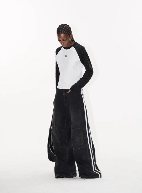 BLIND NO PLAN Washed Distressed Color-Blocked Striped Baggy Jeans | Face 3 Face