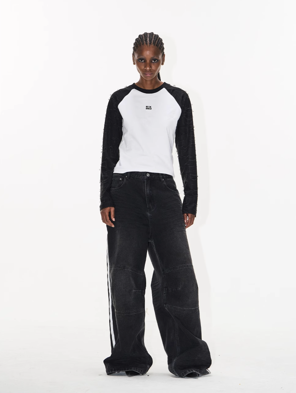 BLIND NO PLAN Washed Distressed Color-Blocked Striped Baggy Jeans | Face 3 Face