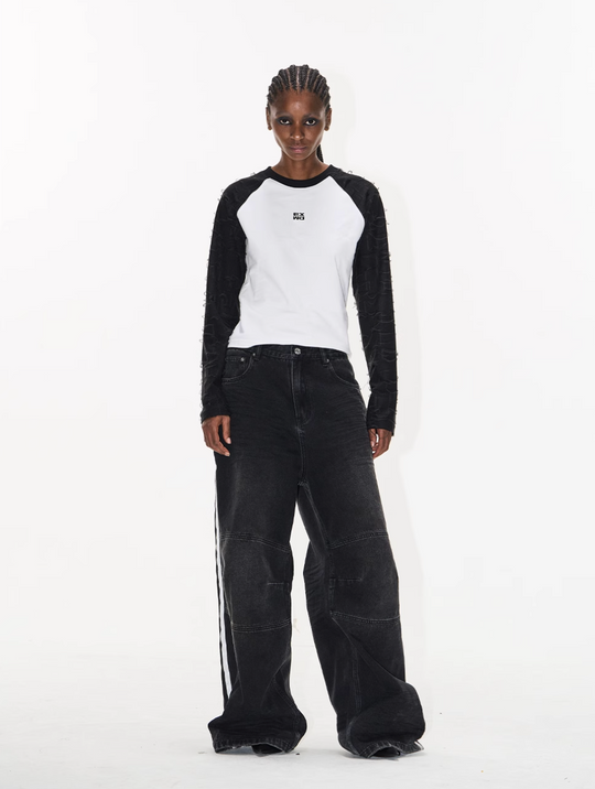 BLIND NO PLAN Washed Distressed Color-Blocked Striped Baggy Jeans | Face 3 Face