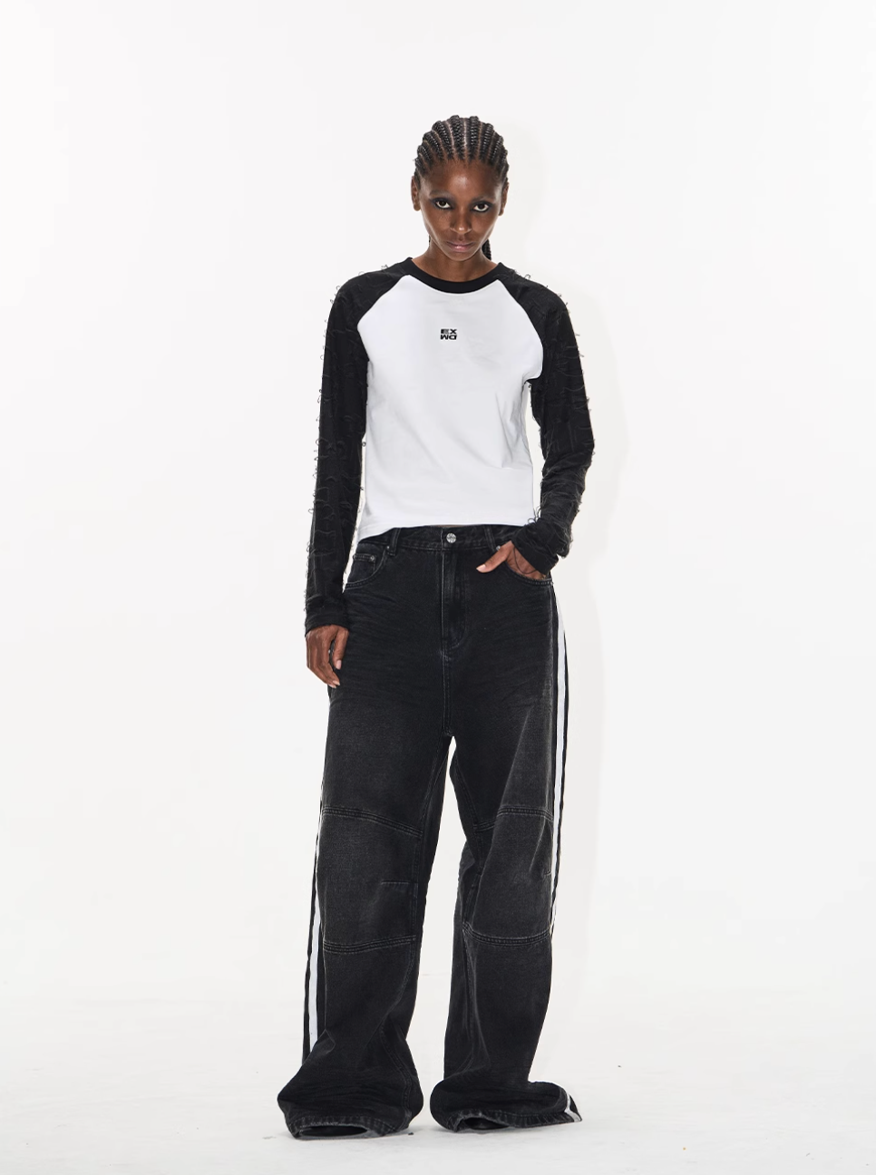 BLIND NO PLAN Washed Distressed Color-Blocked Striped Baggy Jeans | Face 3 Face