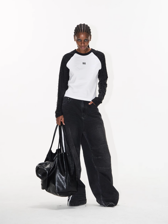 BLIND NO PLAN Washed Distressed Color-Blocked Striped Baggy Jeans | Face 3 Face