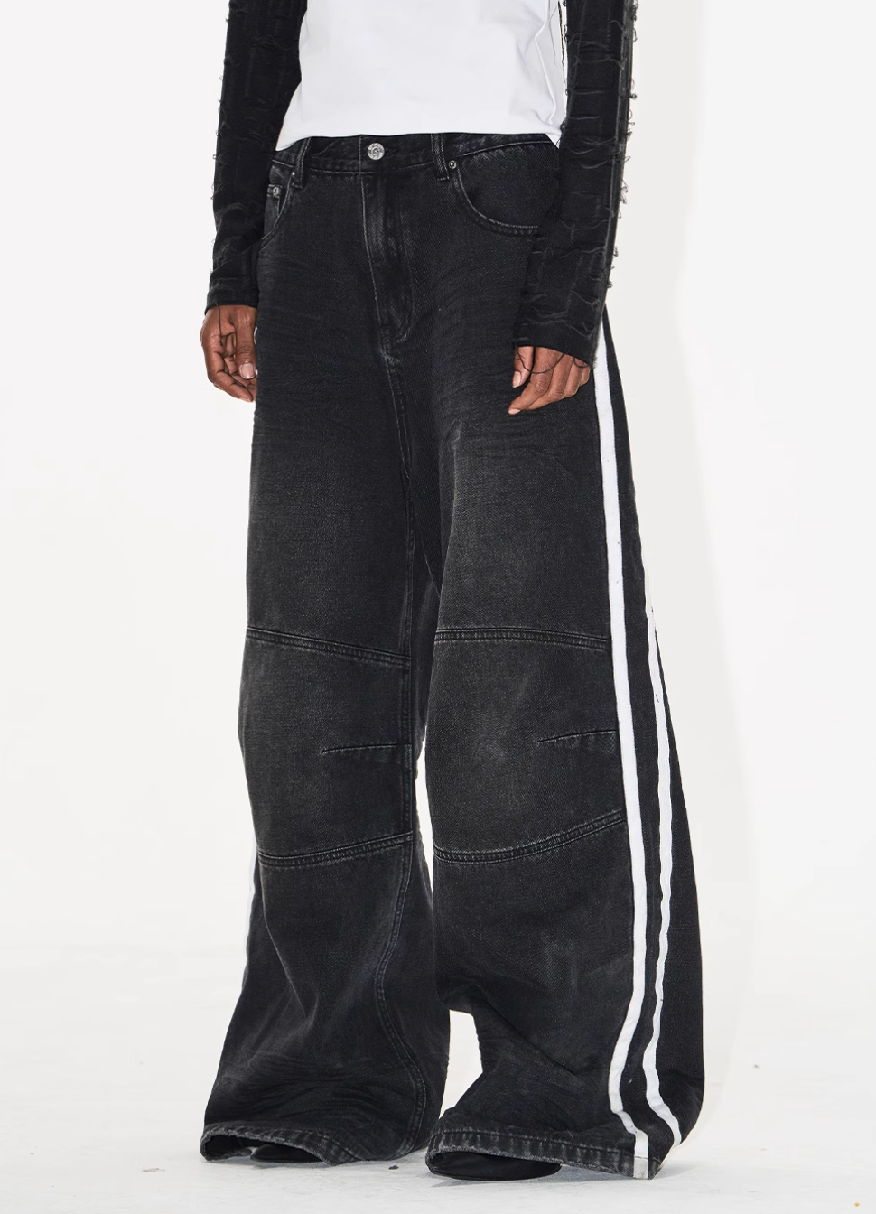 BLIND NO PLAN Washed Distressed Color-Blocked Striped Baggy Jeans | Face 3 Face