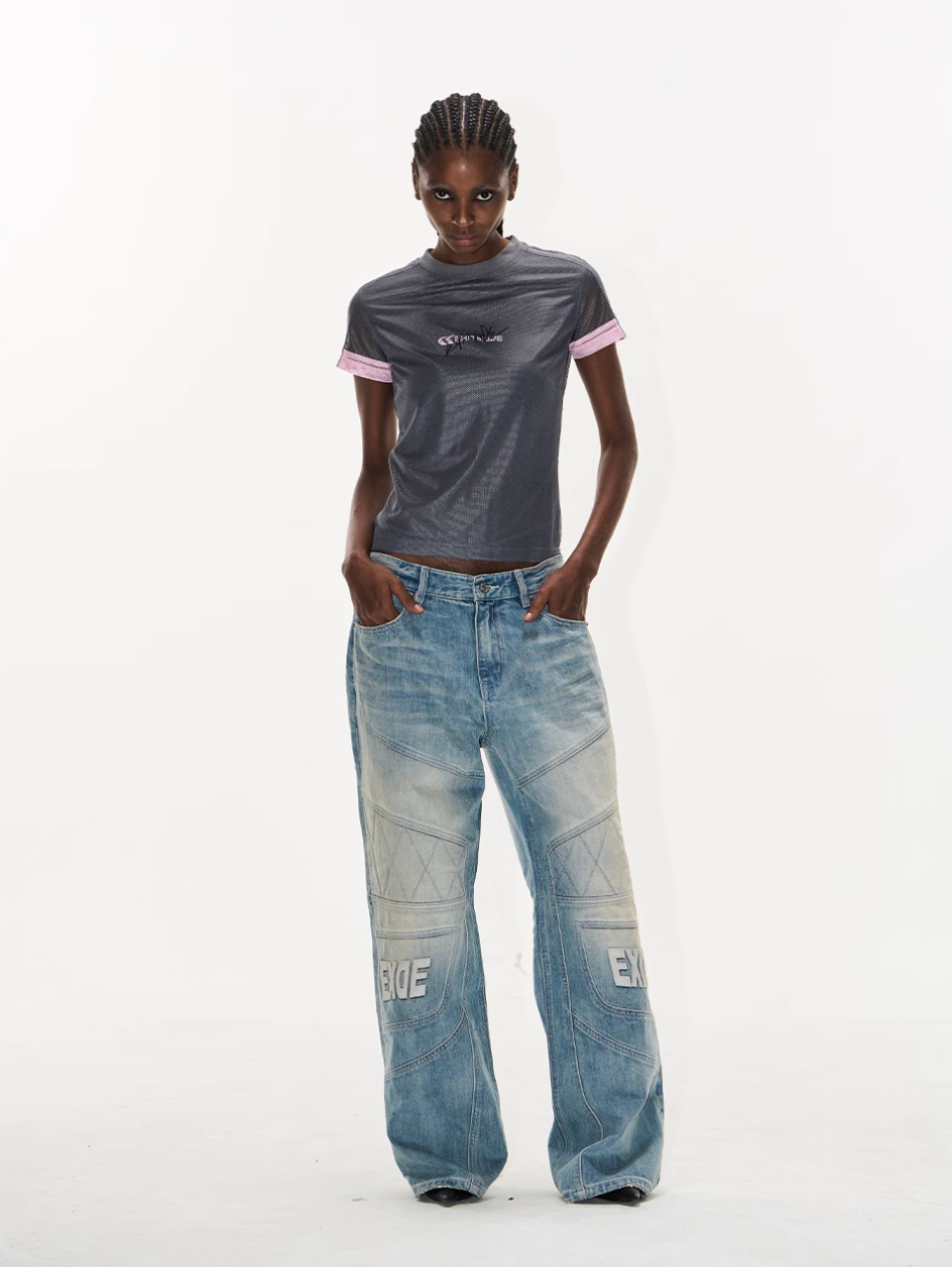 BLIND NO PLAN Washed Biker Patchwork Leather Embroidered Baggy Jeans | Face 3 Face