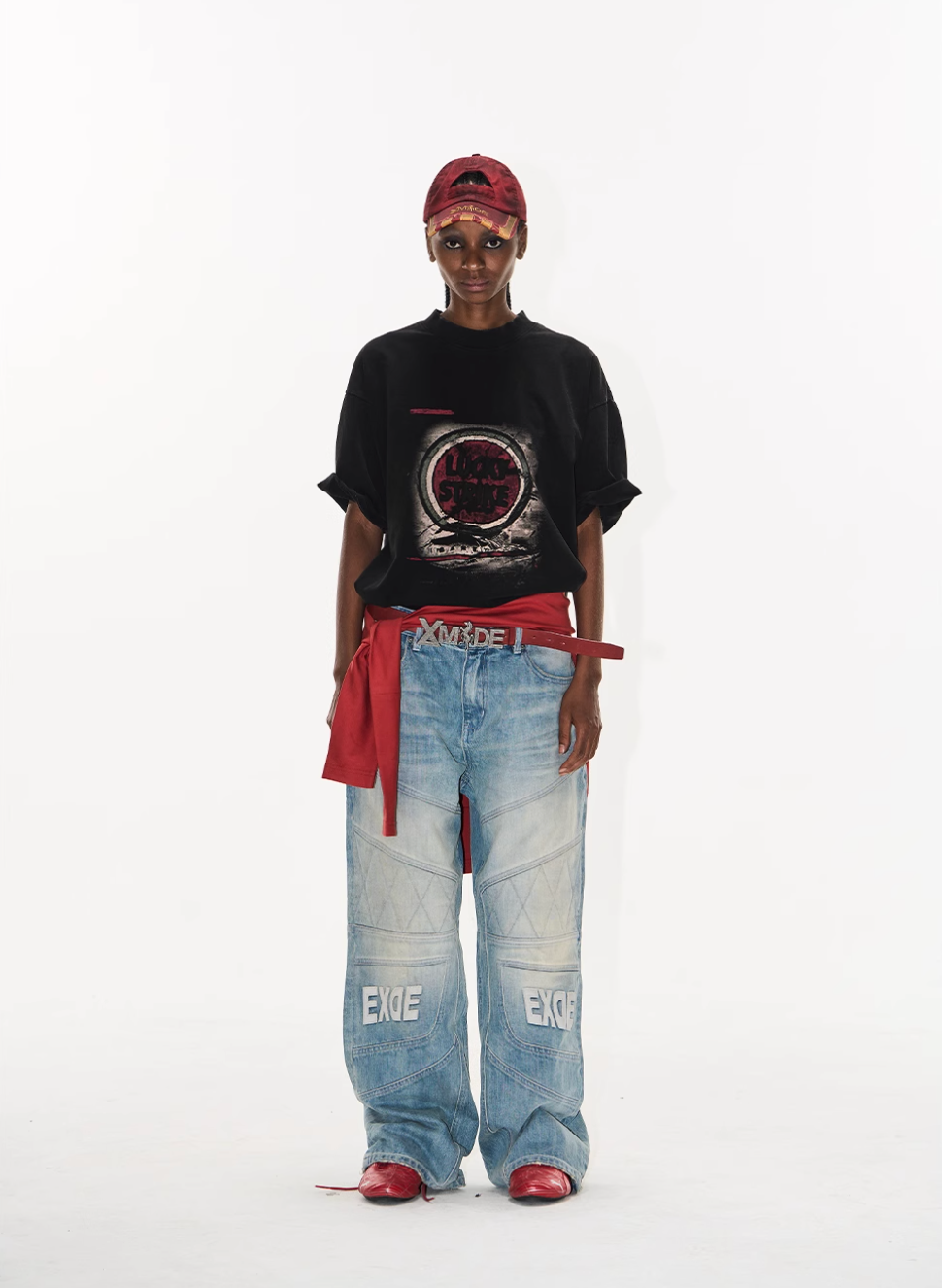 BLIND NO PLAN Washed Biker Patchwork Leather Embroidered Baggy Jeans | Face 3 Face