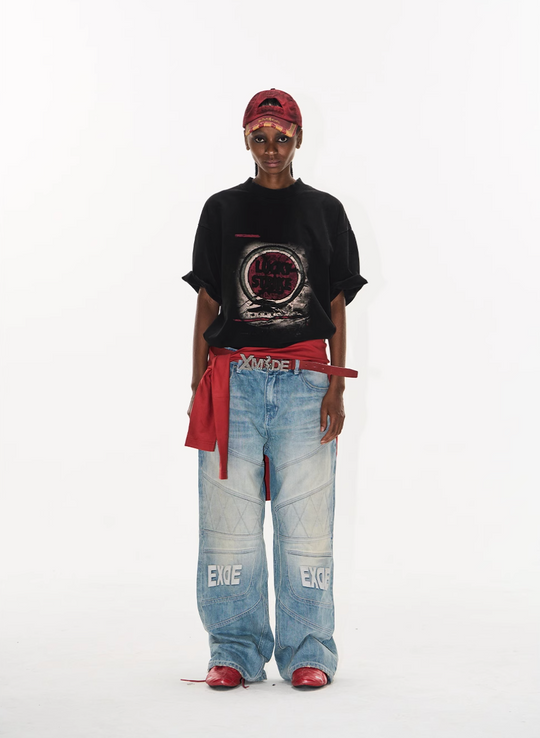 BLIND NO PLAN Washed Biker Patchwork Leather Embroidered Baggy Jeans | Face 3 Face