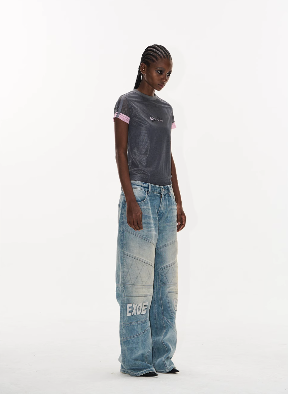 BLIND NO PLAN Washed Biker Patchwork Leather Embroidered Baggy Jeans | Face 3 Face