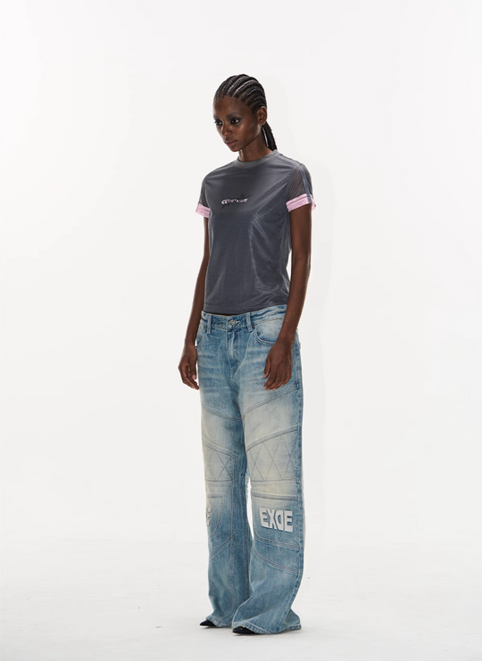 BLIND NO PLAN Washed Biker Patchwork Leather Embroidered Baggy Jeans | Face 3 Face