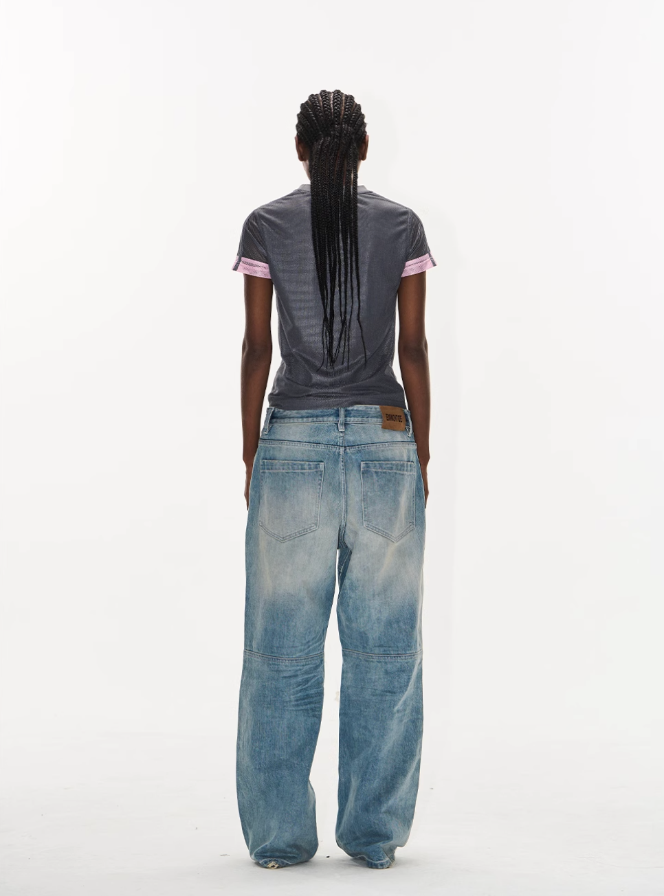 BLIND NO PLAN Washed Biker Patchwork Leather Embroidered Baggy Jeans | Face 3 Face