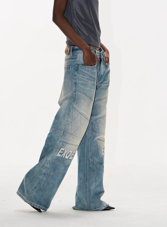 BLIND NO PLAN Washed Biker Patchwork Leather Embroidered Baggy Jeans | Face 3 Face