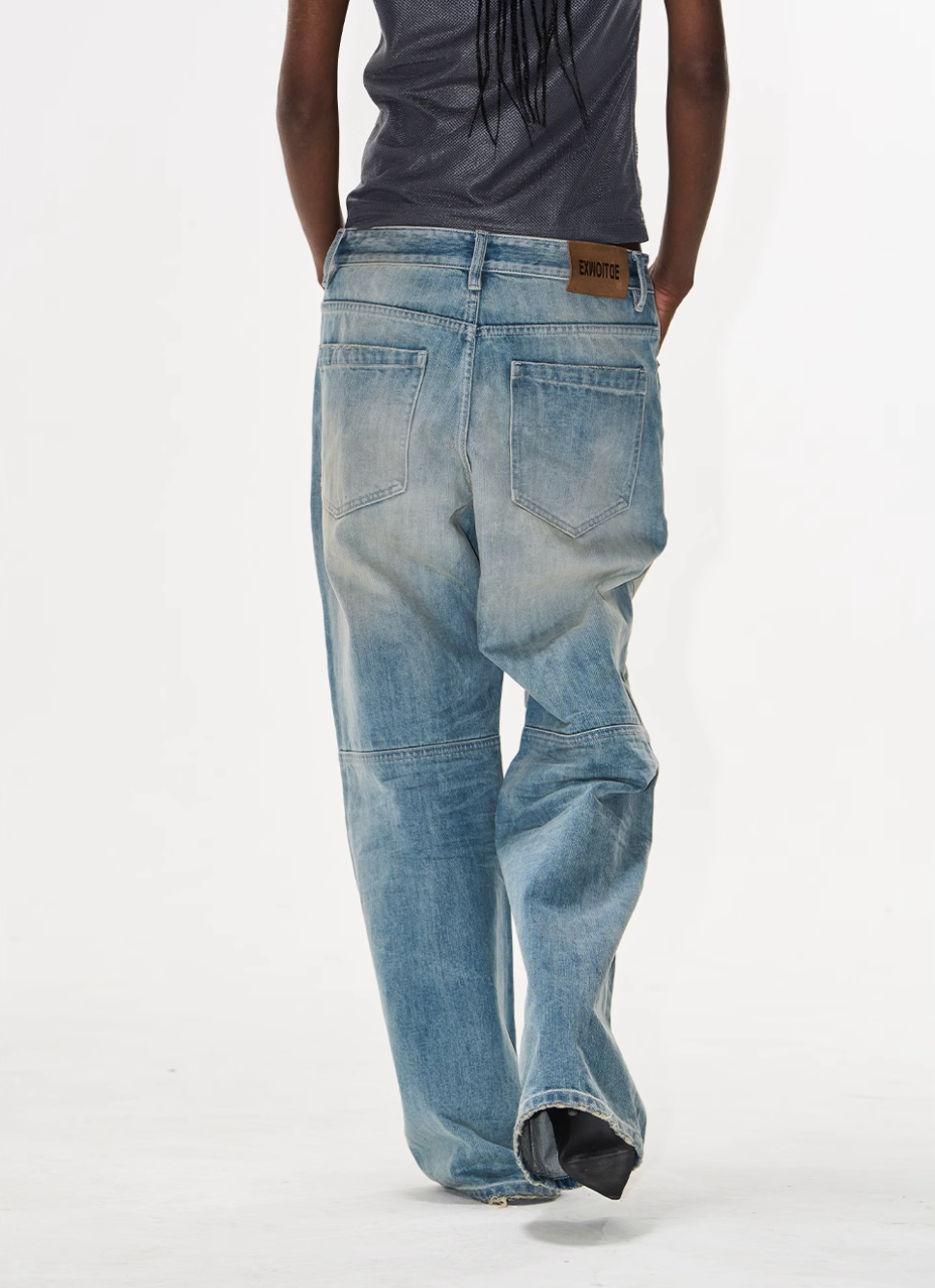 BLIND NO PLAN Washed Biker Patchwork Leather Embroidered Baggy Jeans | Face 3 Face