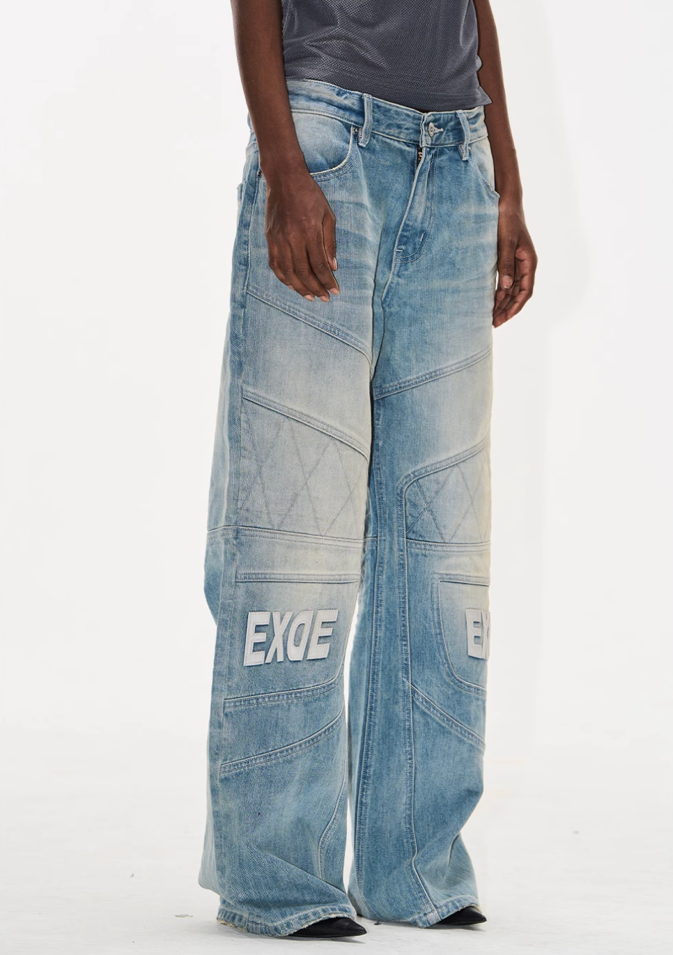 BLIND NO PLAN Washed Biker Patchwork Leather Embroidered Baggy Jeans | Face 3 Face