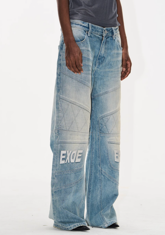 BLIND NO PLAN Washed Biker Patchwork Leather Embroidered Baggy Jeans | Face 3 Face