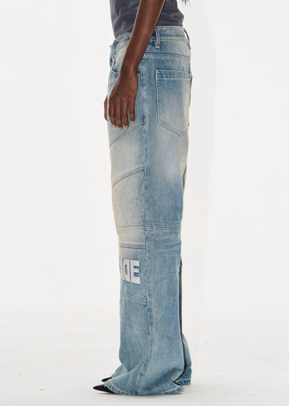 BLIND NO PLAN Washed Biker Patchwork Leather Embroidered Baggy Jeans | Face 3 Face