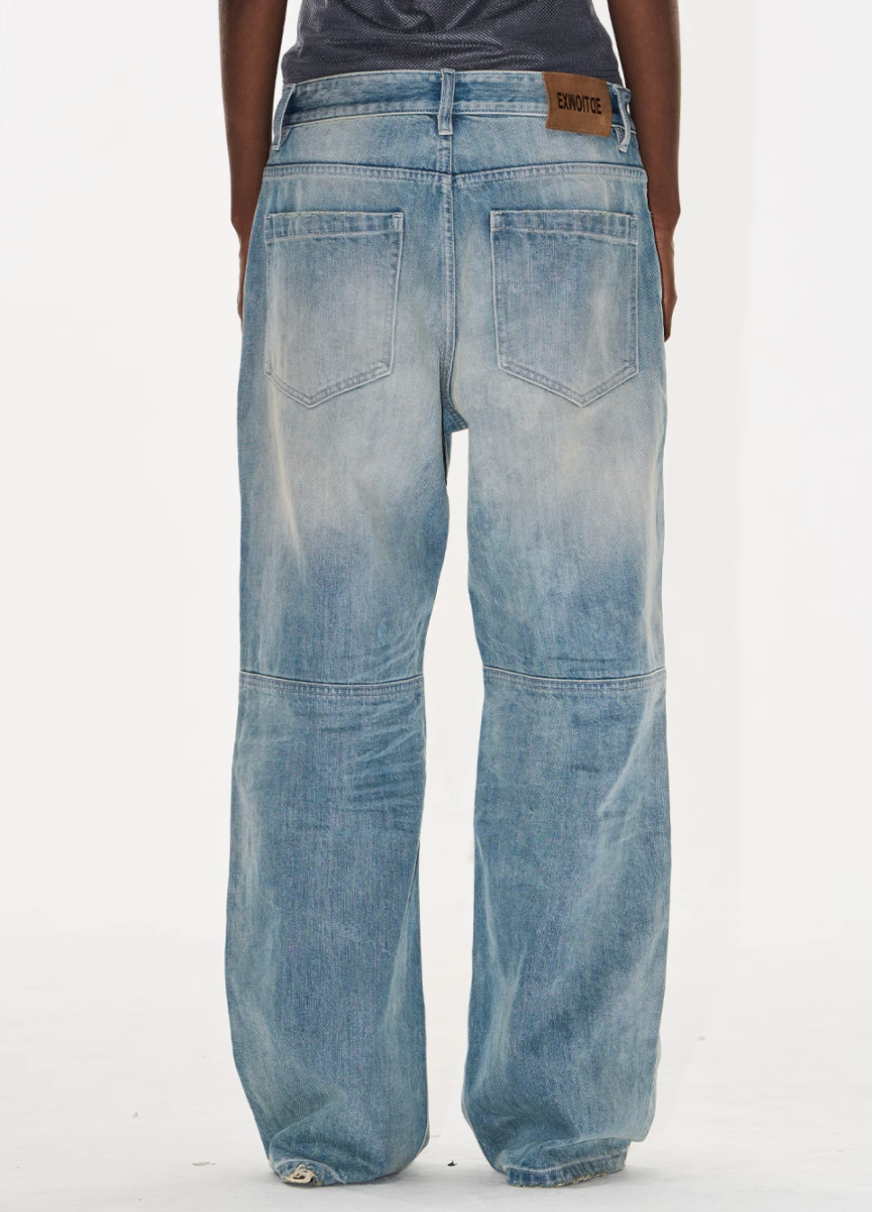 BLIND NO PLAN Washed Biker Patchwork Leather Embroidered Baggy Jeans | Face 3 Face