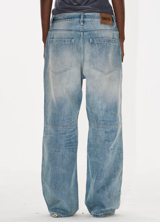 BLIND NO PLAN Washed Biker Patchwork Leather Embroidered Baggy Jeans | Face 3 Face