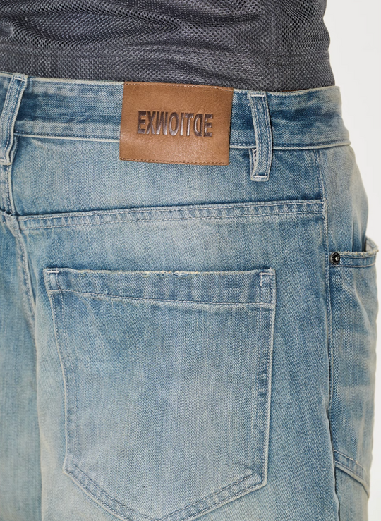 BLIND NO PLAN Washed Biker Patchwork Leather Embroidered Baggy Jeans | Face 3 Face