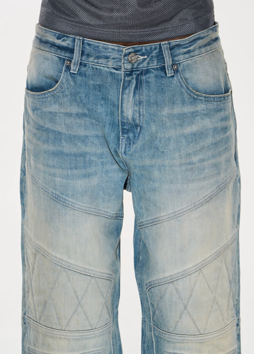 BLIND NO PLAN Washed Biker Patchwork Leather Embroidered Baggy Jeans | Face 3 Face