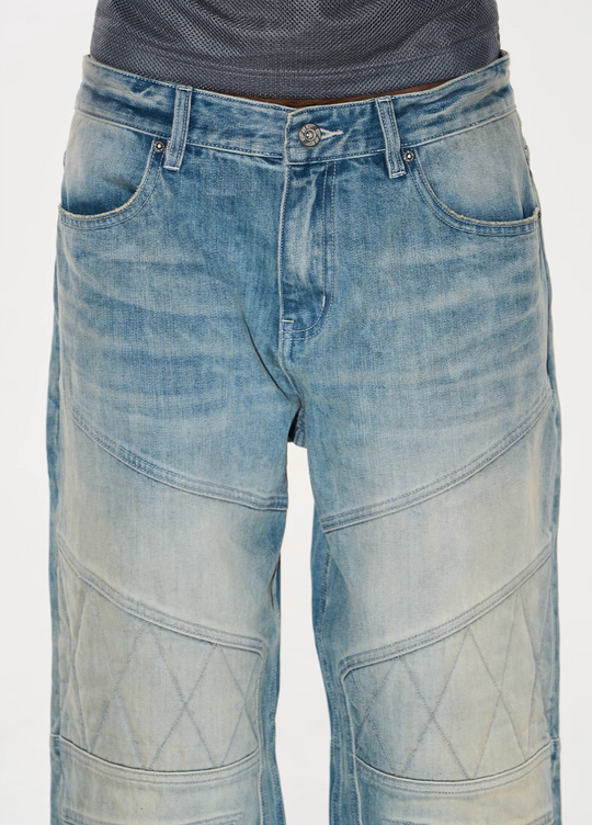 BLIND NO PLAN Washed Biker Patchwork Leather Embroidered Baggy Jeans | Face 3 Face