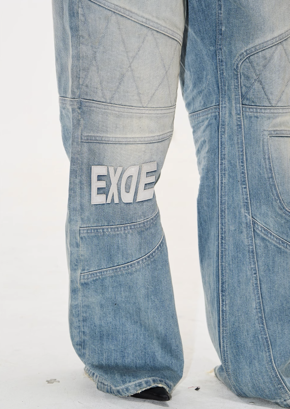 BLIND NO PLAN Washed Biker Patchwork Leather Embroidered Baggy Jeans | Face 3 Face