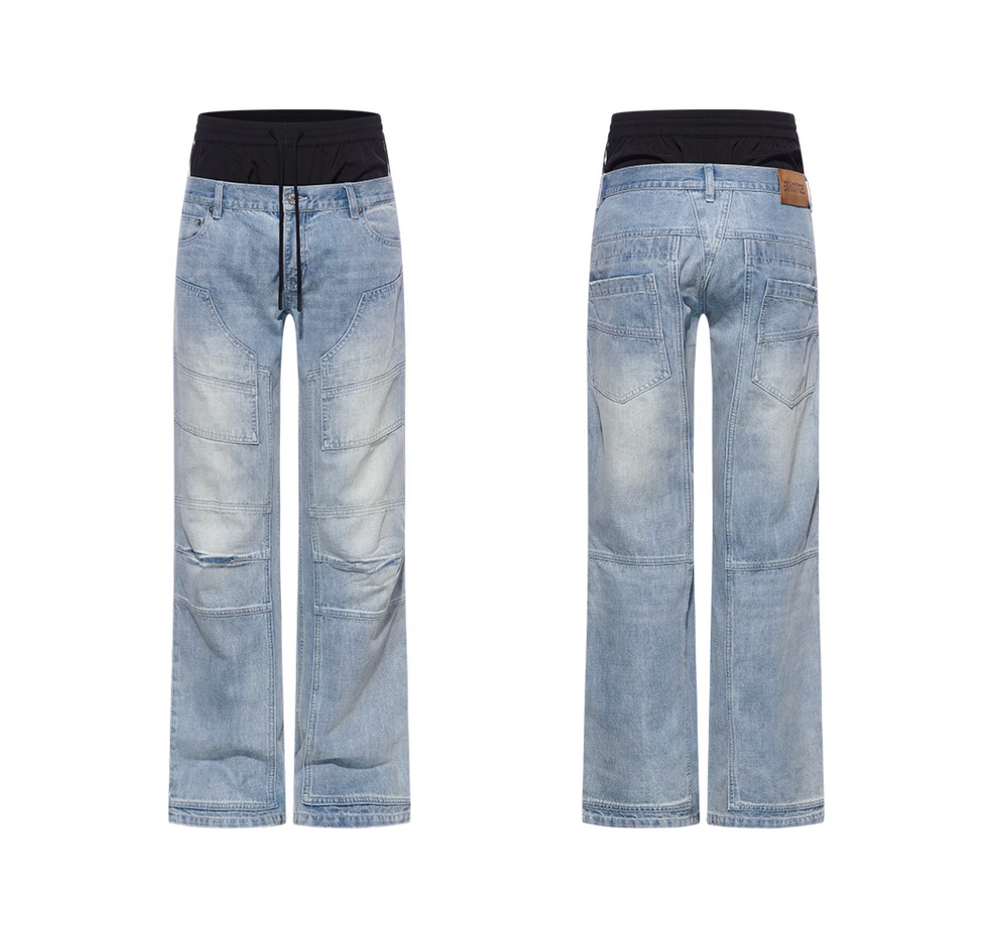 BLIND NO PLAN Double Waist Layer Mismatched Jeans | Face 3 Face