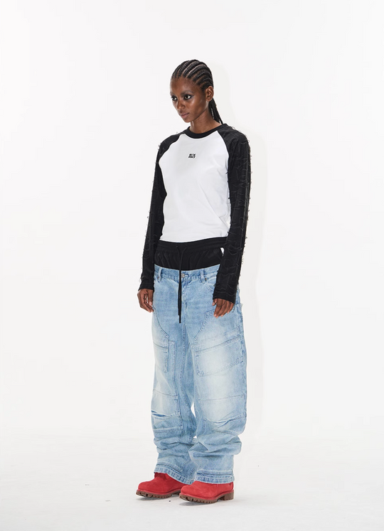 BLIND NO PLAN Double Waist Layer Mismatched Jeans | Face 3 Face